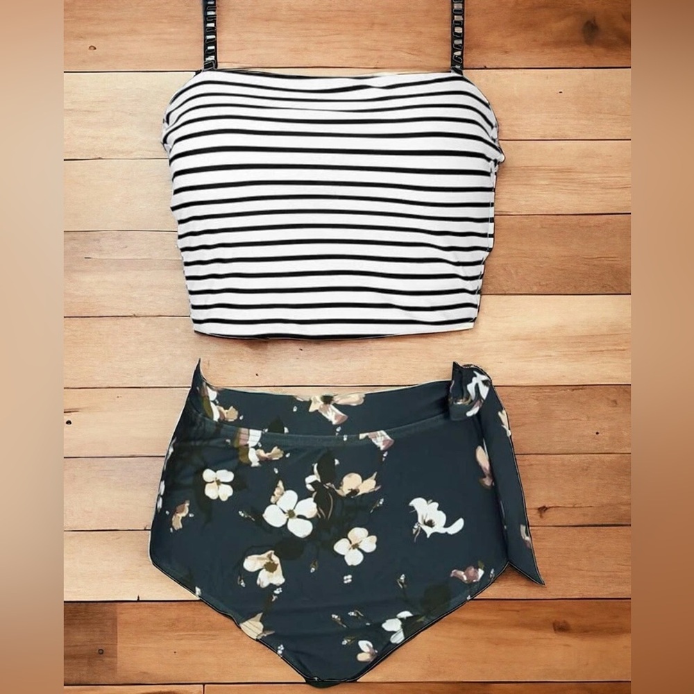 COCOSHIP Swimsuit Black & White Striped Top with Black Floral High-Waist Bottom